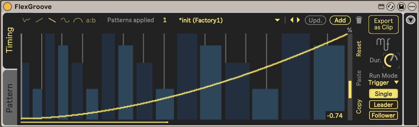 FlexGroove Max for Live device showing an acceleration timing curve applied to a drum pattern