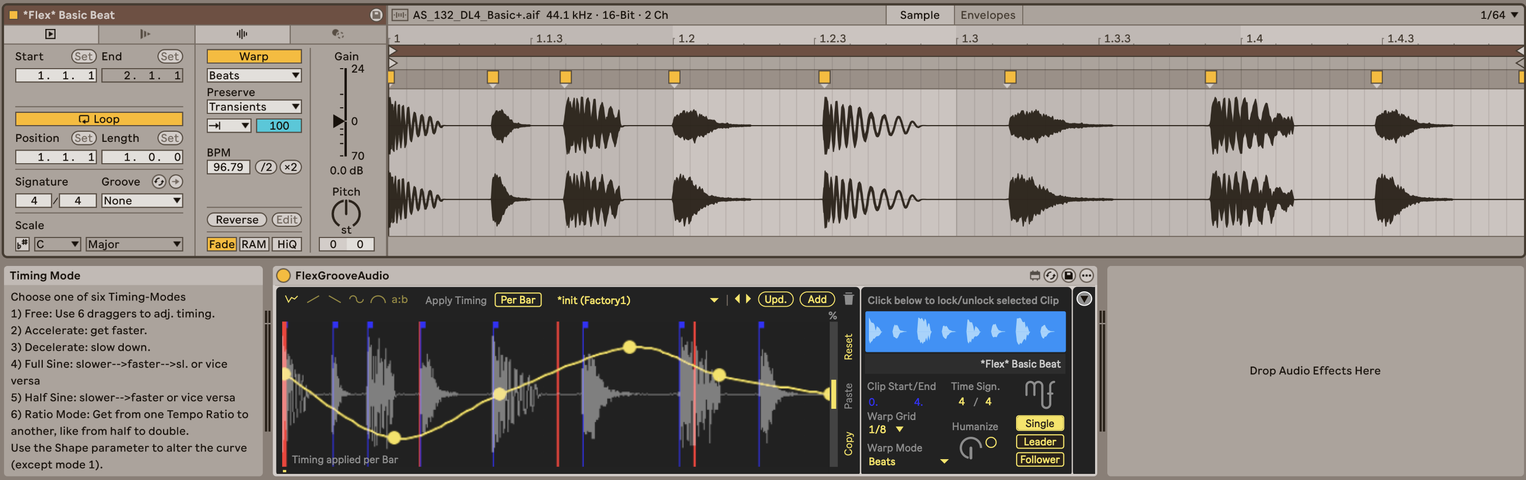 FlexGrooveAudio in Ableton Live showing the device connected to a warped audio clip with Warp Markers